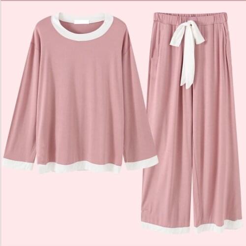 CAIYIER Pink Round Neck Girls Pajamas Set Long Sleve Top + Bowknot Trousers Sleepwear For Women Kawaii Nightwear Loose Loungwear