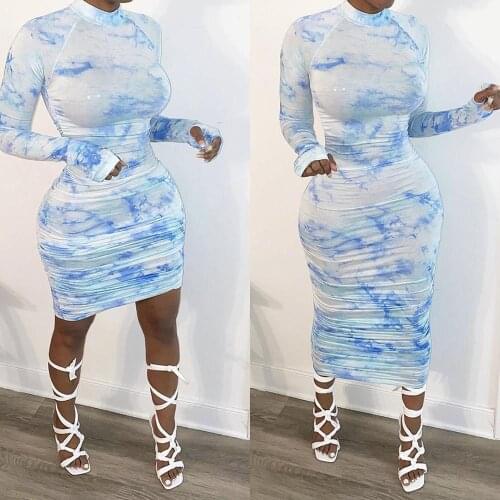 Tie Dye Stacked Turtleneck Maxi Women Dress 2020 Autumn Fashion Skinny Bodycon Dress For Women Sexy Clubwear Mini Dresses