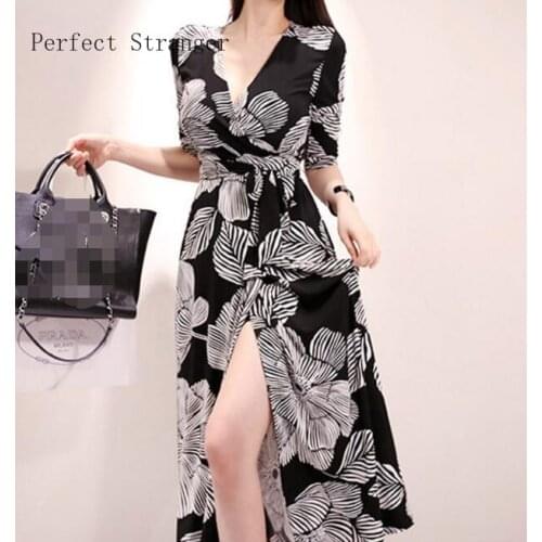Sexy 2021 Spring Summer New Arrival Hot Sale V Collar Flower Printed Three-quarter Sleeve Women Long Jag Dress