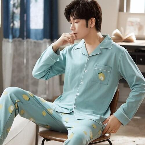 Winter Men Pajamas Set Fresh Blue Sexy Cardigan Pajamas Cute Lemon Pattern Nightwear Casual Loose Male Homewear Cotton Sleepwear