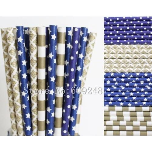 100pcs Drinking Party Paper Straws Mix,Navy Blue Swiss Dot and Star,Metallic Gold Damask and Horizontal Rugby Striped,Wedding