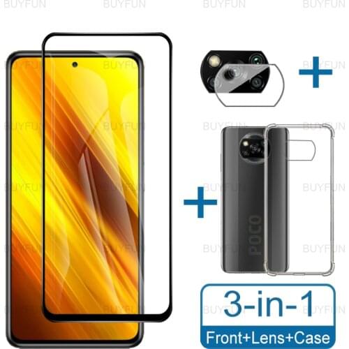 3in1 Transparent Anti-drop Silicone Case For Poco X3 6.67inch Tempered Glass Lens Film For Xiaomi poco poko x3 m3 pro x3nfc f3
