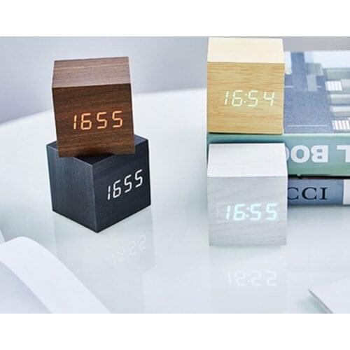 Wooden Alarm Clock LED Voice Control Digital display Time temperature USB/AAA Powered Snooze Function Desk Tools