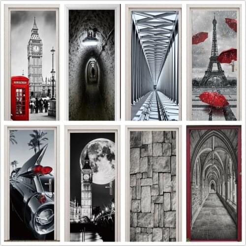 Gray Red World Door Stickers PVC London Street Adhesive Wallpaper Decals Waterproof Mural For Living Room Decoration Home Decor