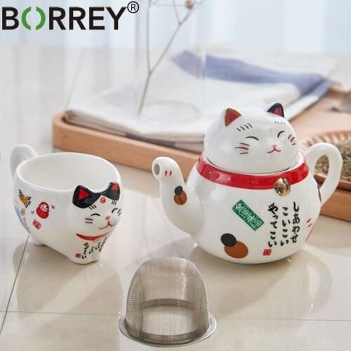 BORREY Lucky Cat Ceramic Teapot Cup Chinese Porcelain Tea Set With Stainless Steel Tea Fliter Maneki Neko Lucky Cat Teapot Mug