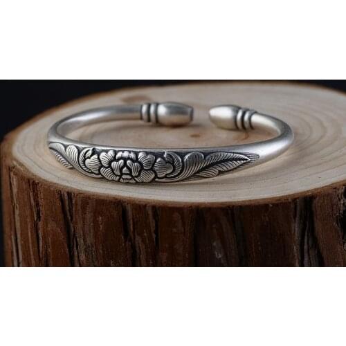 HFANCYW Classic Female Open Size Bangle Pure S990 Thai Silver Retro Peony Flower Silver Bracelet & Bangle Best Christmas Gift