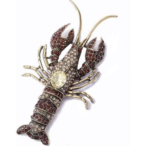Retro animal personality crayfish pin brooch fashion exaggerated pink crystal oval rhinestone enamel pin set male brooch cool