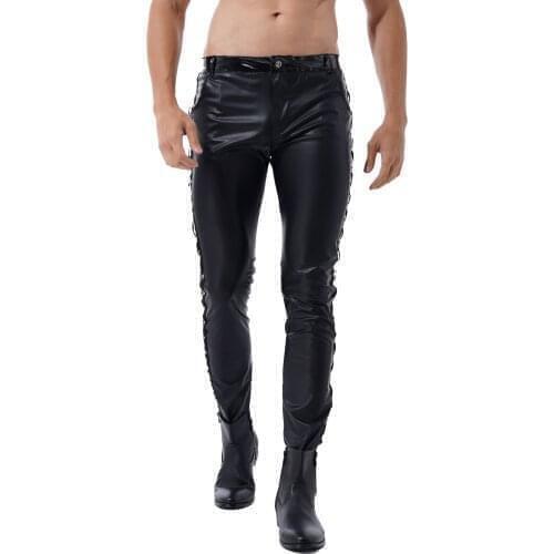 Mens Motor Biker Pants Faux Leather Clubwear Shiny Pants Leggings Fashion Low Waist Tight Trousers for Club Band Performance