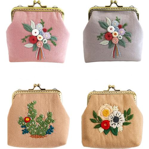 DIY Flower Embroidery Kit Unfinished Needlework Sewing Cross Stitch Set Square Metal Purse Bag Frame Beginner Materials Package