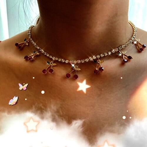 BYNOUCK Charm Pink Red Crystal Cherry Pendant Womens Necklace Adjustable Gold Color Tennis Neck chains Necklaces for Women