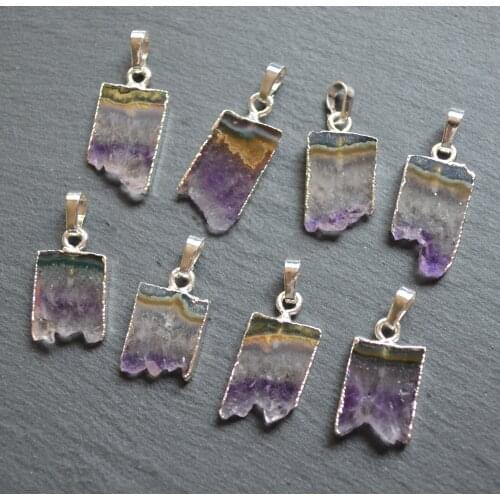 Amethysts agates slice pendants with silvery electroplated ,purple crystral quartz charms