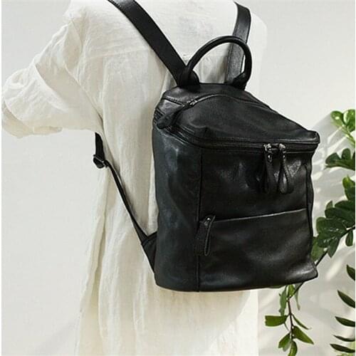 2021 Top Layer Sheepskin leather Backpack Women Travel Backpack Casual Bag soft Black leather Simple Female Zipper backpacks