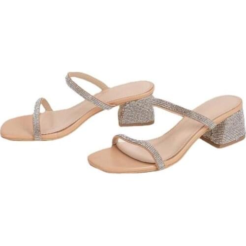 2021 New Summer Slippers Med Heels Slides Female Peep Toe Crystal Square Heel Slipper Brand Sandals Women Slipper Big Size 42