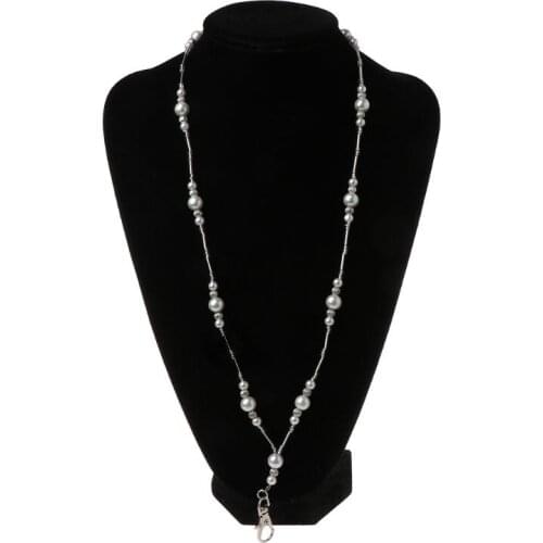 Hidden Hollow Beads White Pearls Beaded Lanyard ID Badge Holder Pendant Necklace For Women