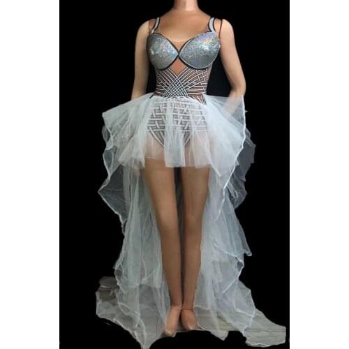 Performance Stretch Dance Dress Birthday Celebrate Outfit White Nightclub Party Singer Costume Dress Mesh Trains Long Dress