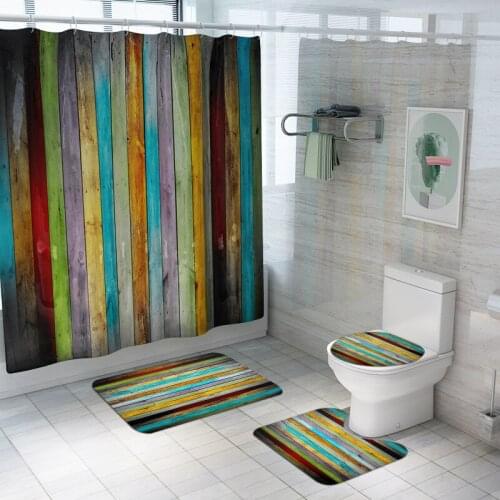 Colorful Stripes Pattern Fabric Shower Curtain Wood Grain Bathroom Rug Sets Toilet Cover Mat Set Bath Curtains Home Decoration