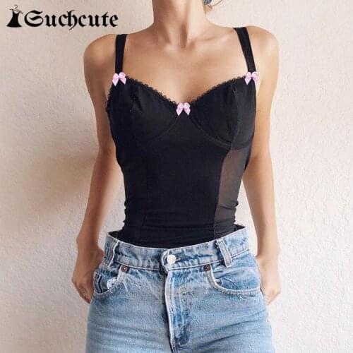 SUCHCUTE Gothic Sexy Transparent Mesh Womens Crop Tops Cute Bow Tie Camisole Dark Academia Fashion V-Neck Party Wear Tanks Tops