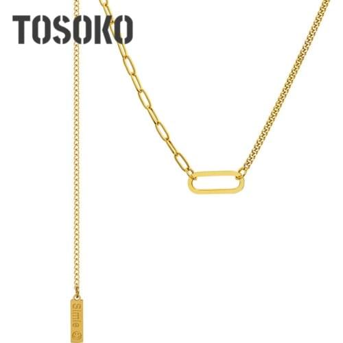 TOSOKO Stainless Steel Jewelry Tassel Smile Geometric Oval Pendant Necklace Womens Fashion Clavicle Chain BSP1048