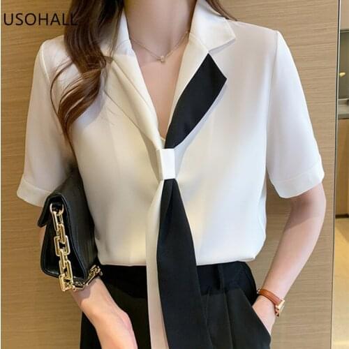 USOHALL Summer 2021 New Suit Collar Chiffon Tie Short Sleeve White Shirt Lady Blouse