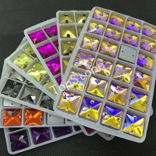 All Sizes Colors 10 12 14 16 22 mm Square Glass Crystal Sew On Stone Flatback 2holes Sewing Crystals Jewelry Beads