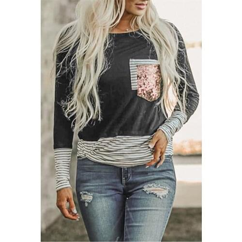 Sequines Pocket T-shirt Long Sleeve Women Striped Patchwork Tops Tee Shirts Autumn Casual Loose Top Female O-neck T-shirt