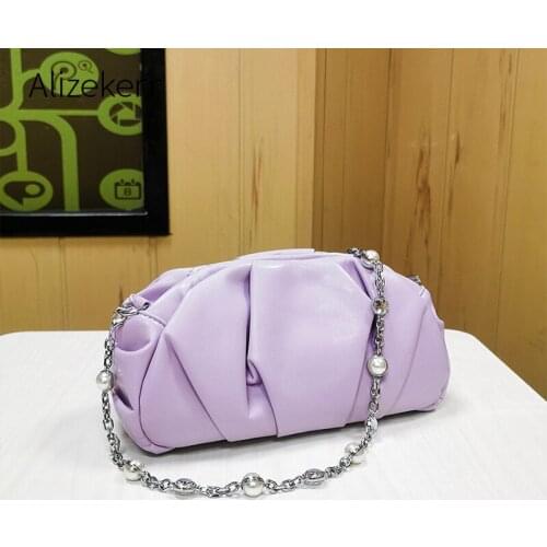 Rhinestone Chain Pleated Shoulder Bags For Women 2020 New Korean Designer Pearls Hobos Handbag Ladies Green Purses High Quality