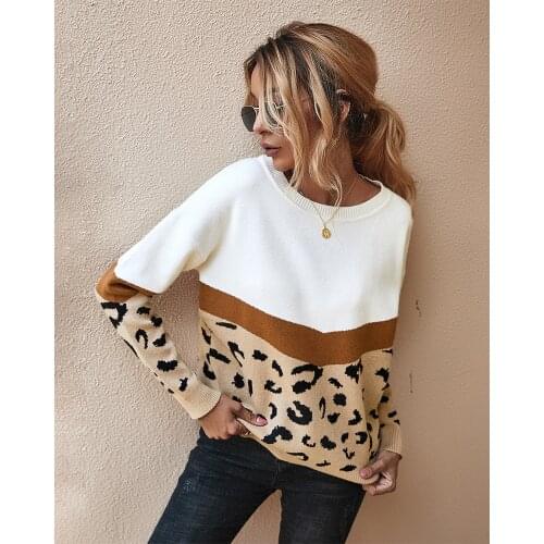 2021 Fashion Leopard Patchwork Autumn Winter Ladies Knitted Sweater Women O-neck Full Sleeve Jumper Pullovers Top