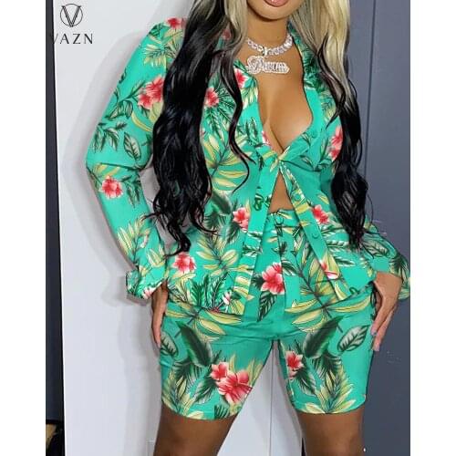 VAZN 2021 Early Autumn Vintage Chiffon Green Shirt Overalls Set Print Casual Young Full Sleeve Short Pants Women 2 Piece Set