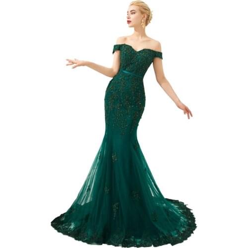 Special womens long skirt off shoulder green Tulle Beaded applique slim fitting fishtail evening dress