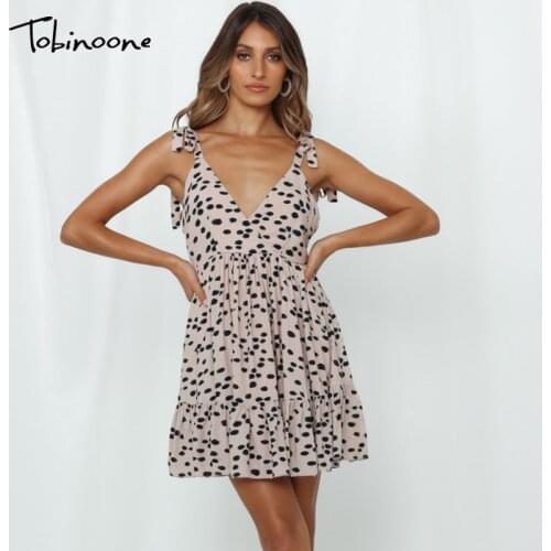 Tobinoone Ruffle Leopard Print Woman Dress Deep V Neck Backless Sexy Summer Dresses Female Spaghetti Strap Short Dress Vestido