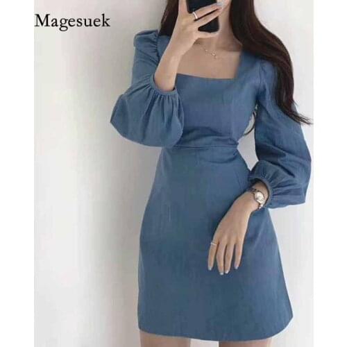 Korean Chic Square Collar Expose Clavicle Slim Fit Dress Women High Waist Solid Puff Sleeve Bag Hip Short Dress Vestidos 12148