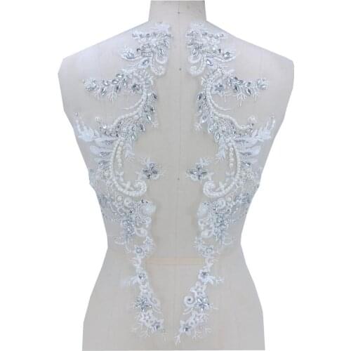 1 Pair Bridal Lace Applique Silver Rhinestone Beaded Floral Embroidered Sequins Lace Motif