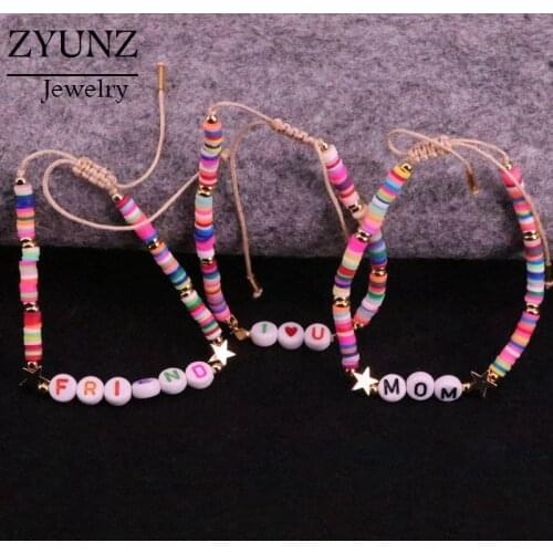 6PCS, DIY Letter Polymer Clay Bracelet For Women Boho Handmade Love MOM FRIEND Beads Charm Bracelet Summer Femme Jewelry