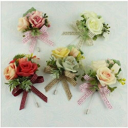 Cheap Sale New Best Man Groom Boutonniere Silk Satin Rose Flower men buttonhole Wedding Party Prom Man Suit Corsage Pin Brooch