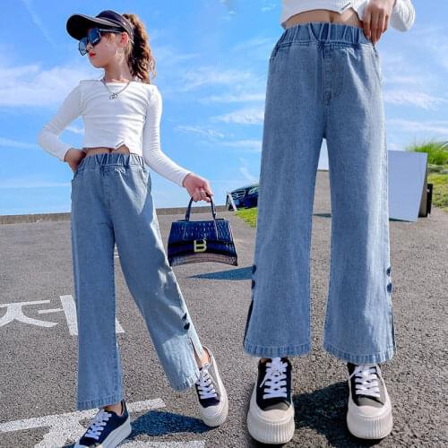 New Spring Teenage Girls Fashion Jeans Split Embroidery Heart Wide Leg Pants Korean Casual Style Kids Autumn Loose Long Trousers