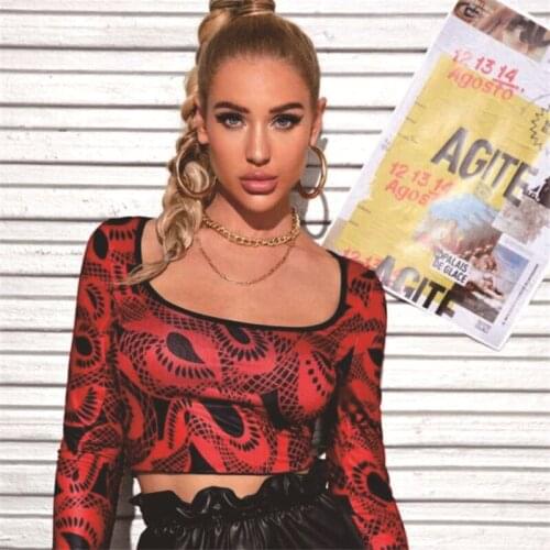 T Shirt Women Sexy High Street Long Sleeve U-neck Top Ladies Streetwear Stylish Print Exposed Navel Crop Top for Women Clubwear