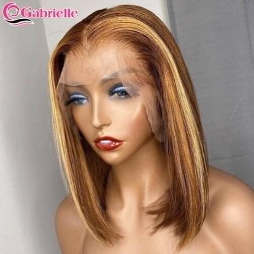 Gabrielle Highlight Bob Lace Wig Straight Colored Human Hair T Lace Part Wigs Ombre Blonde and Brown Short Brazilian Remy Hair