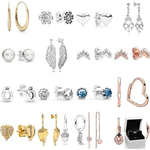 2021 NEW 100% 925 Sterling Silver Rose Gold Polished Crown O Clear Sparkling Crown Stud Earring Fit Original Jewelry with Box