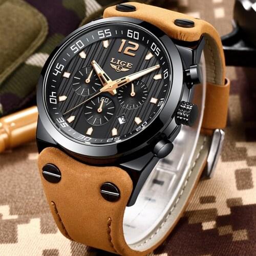 LIGE New Mens Watches Top Brand Luxury Chronograph Men Watch Leather Luxury Waterproof Sport Watch Men Male Clock Man Wristwatch