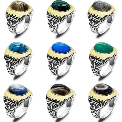 New style 925 sterling silver mens ring, oval multi-stone turquoise natural agate stone ladies ring, neutral Thai silver Turkis