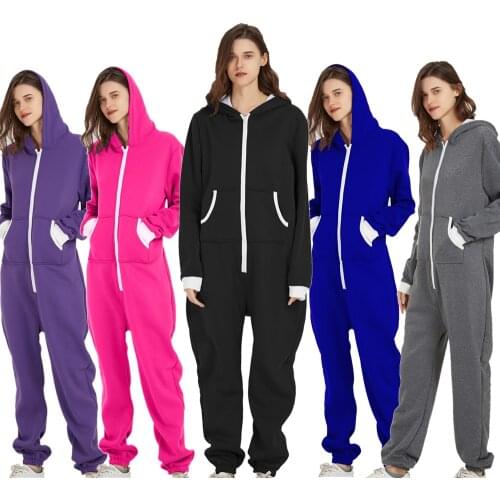 Men Sleepwear Jumsuits Hooded Pockets Zipper Onesies One Piece Solid Pajamas Homewear Long Sleeve Nightwear Women Pyjamas Casua
