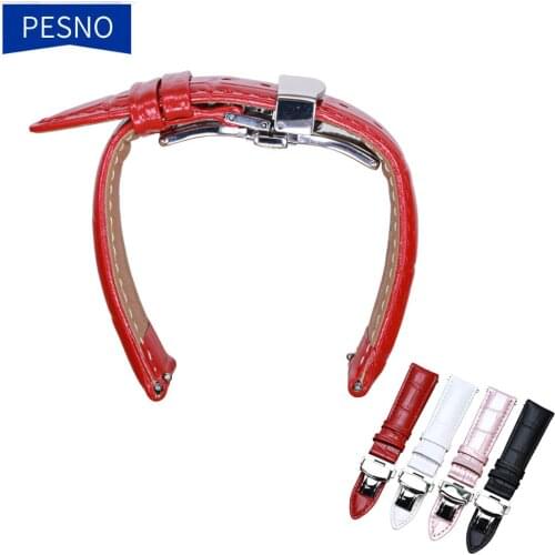 PESNO 12-22mm Bright High Quality Red White Black Pearl Pink Calf Skin Leather Watch Straps Women Geuniue Leather Watch Bands