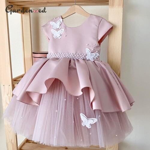 Gardenwed Pink Puffy Flower Girl Dresses A Line Pearls Blet Butterfly Birthday Dress Lovely Girl Wedding Party Dress Princess