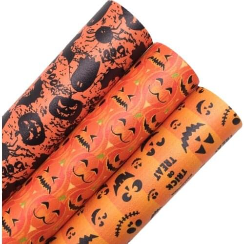 Halloween Orange Pumpkins Ghotsts Printed Synthetic Faux Leather Sheets Felt Backing Vinyl For Bows Earrings DIY 21X29CM R060A