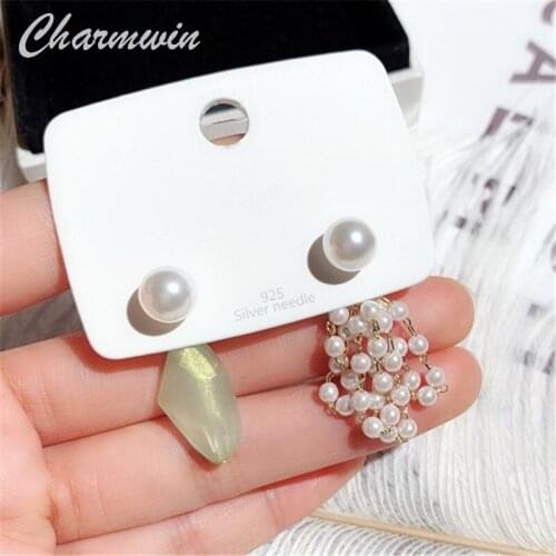 Charmwin New Fasion Asymmetric Earrings For Women Ear Jewelry Dangle Earrings Simualted Pearl Dual-use Earrings
