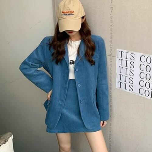 Matching Set Blazer Skirts Women England style Spring Autumn Loose Corduroy Blazer Feminino Femme Short Mini Skirt Two Piece Set