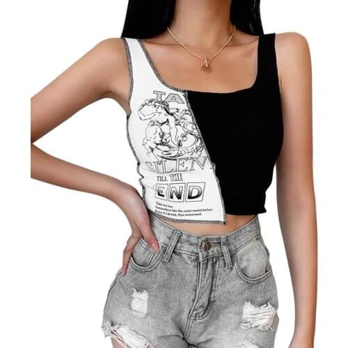 Womens Sexy Tank Top, Fashion Letter Print Color Block Sleeveless Rib Knit Crop Top