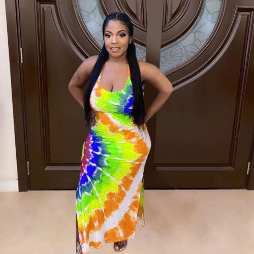Low Neck Sleeveless Summer Bohemian Tank Dress Women Vintage Side High Split Rainbow Tie Dye Dress Trendy Backless Beach Dress