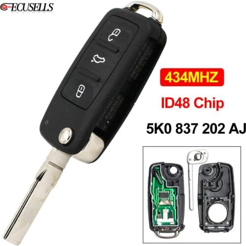 3 Button Folding Flip Remote Key 434MHZ ID48 Chip 5K0837202AJ 5K0 837 202 AJ for VW Golf Caddy Beetle Polo Jetta Touran Tiguan