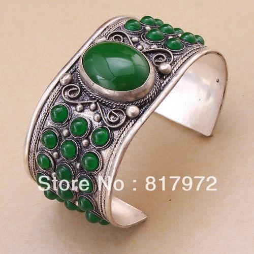 Old Tibet Silver Carved Flower Lace inlay Green Bead cuff bracelet Adjustable Party Gift